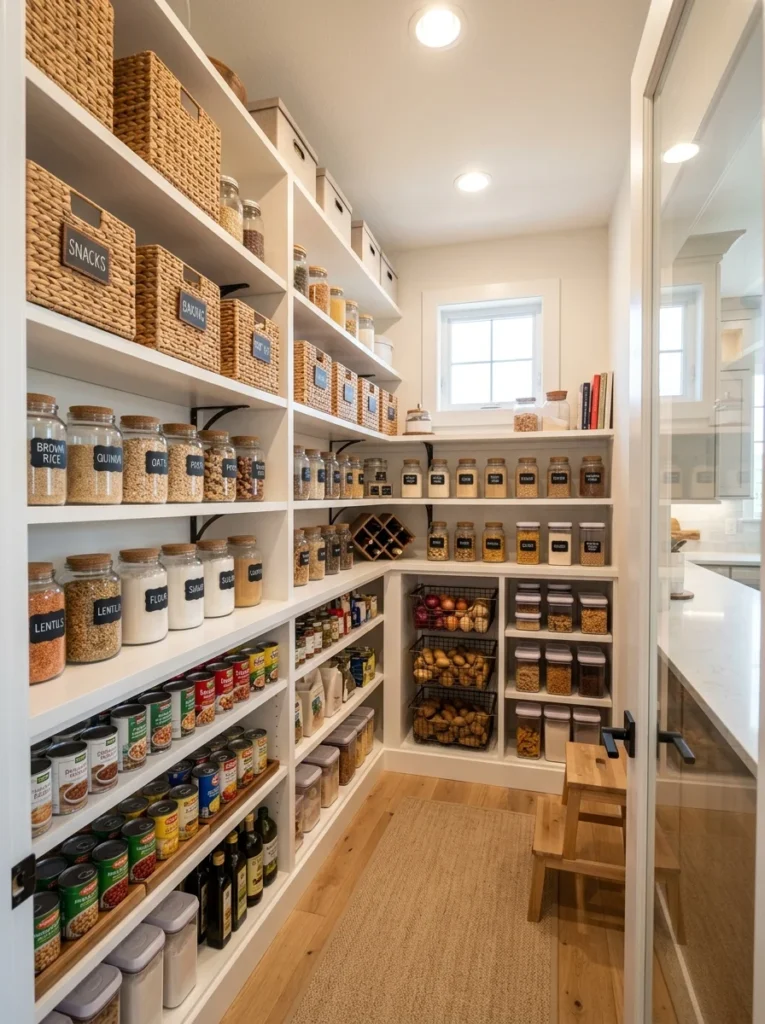 Double-wall pantry shelving layout with organized food storage.