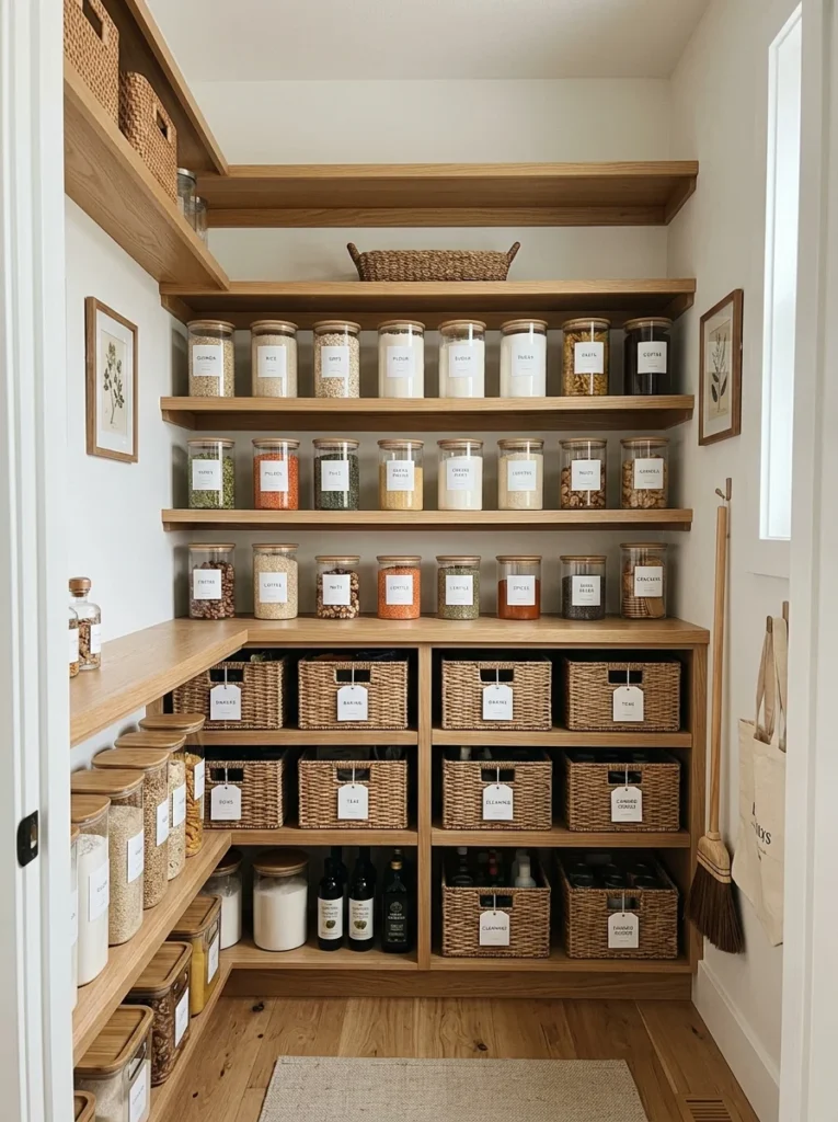 Labeled pantry containers and baskets creating organized kitchen storage system.
