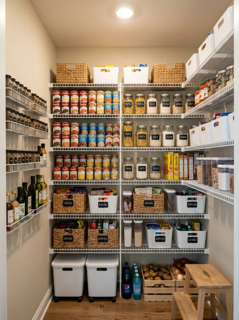 Solid wood pantry shelving with elegant organized storage styling.