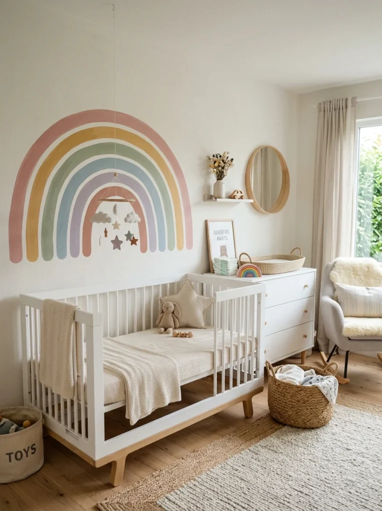 Muted rainbow nursery with pastel wall mural and cozy baby decor.