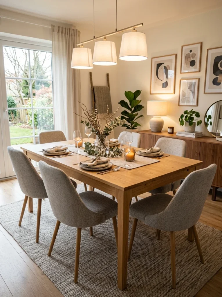 Rectangular dining table in modern Scandinavian dining room.