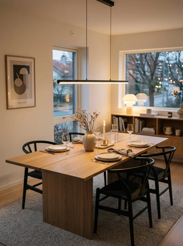 Linear chandelier above rectangular dining table in modern dining room.