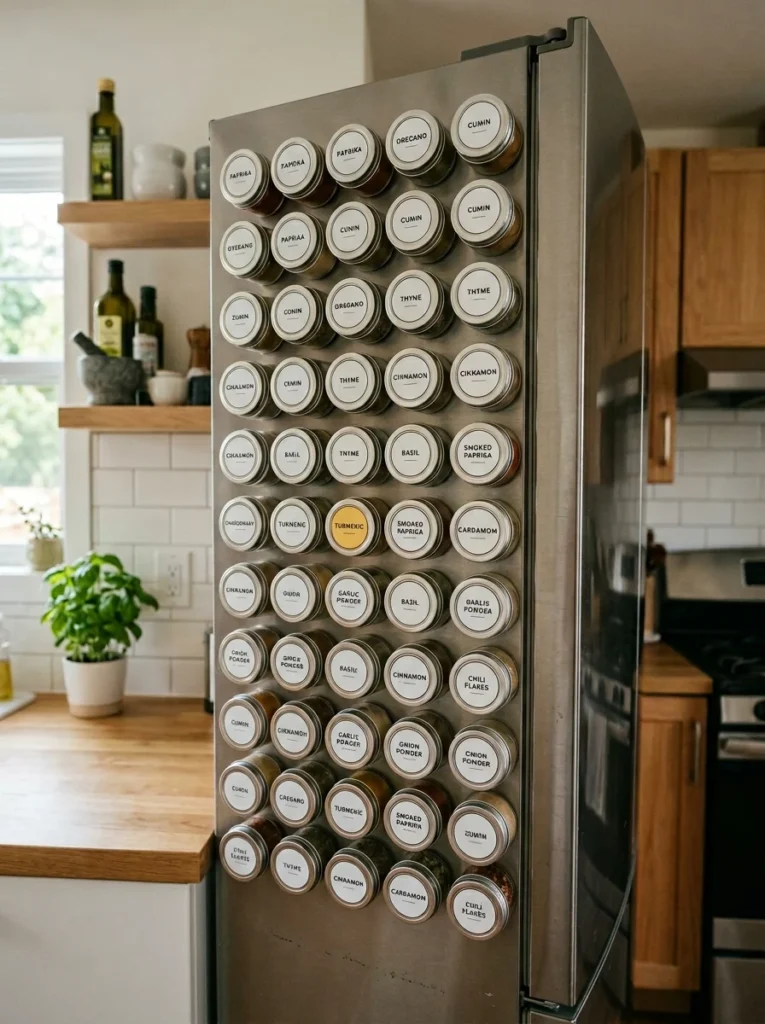 Magnetic spice jars attached to refrigerator side for easy access.