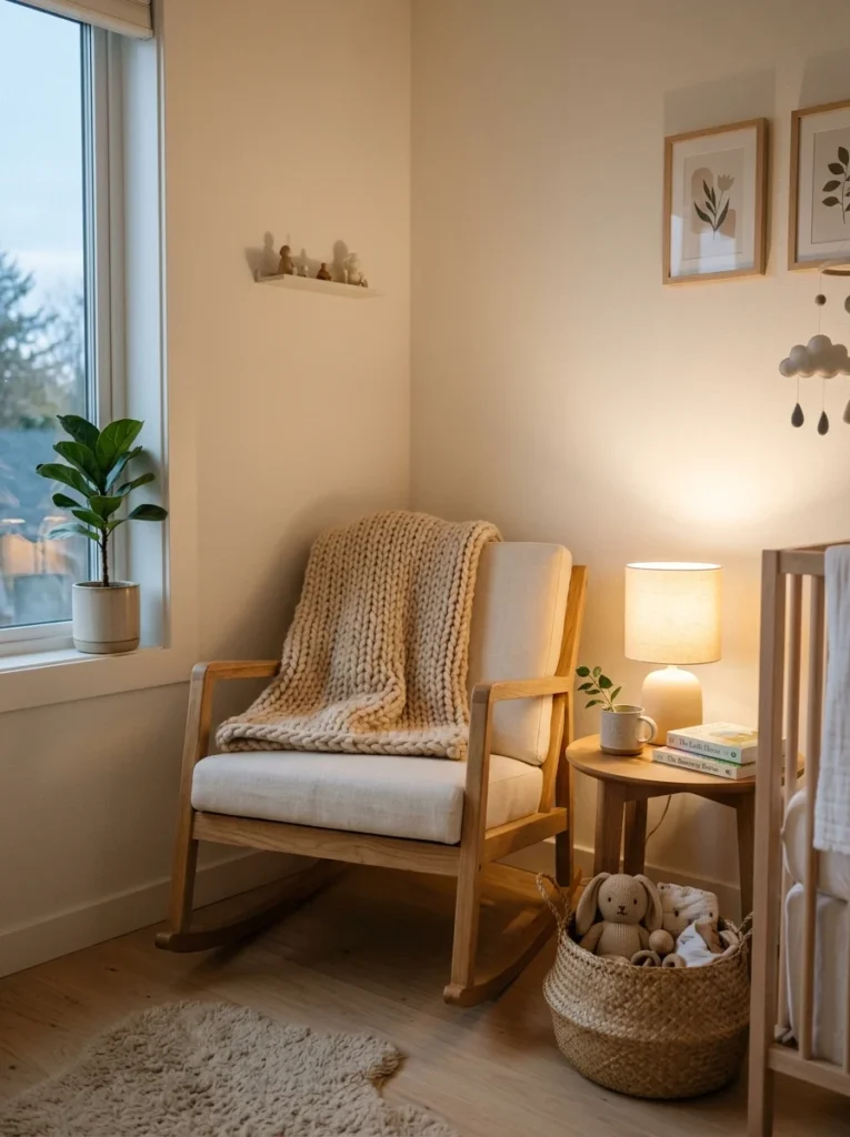 Cozy compact rocking chair for feeding in a tiny nursery room.