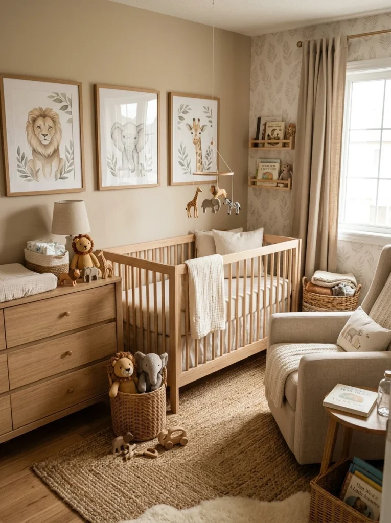 Safari nursery with neutral animal decor and warm earthy colors.