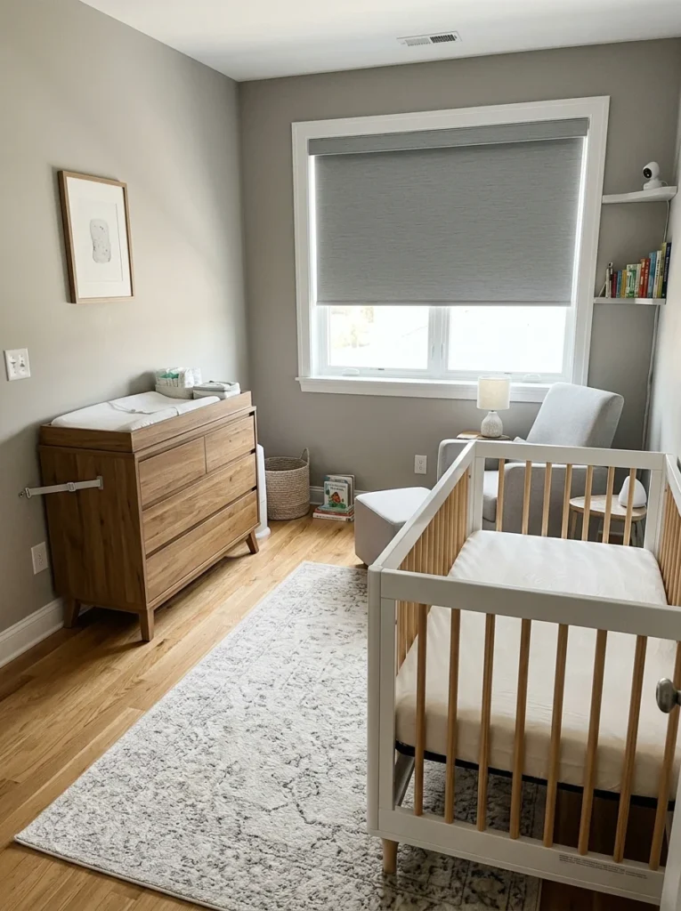 Safe nursery setup with anchored furniture and cordless window coverings.