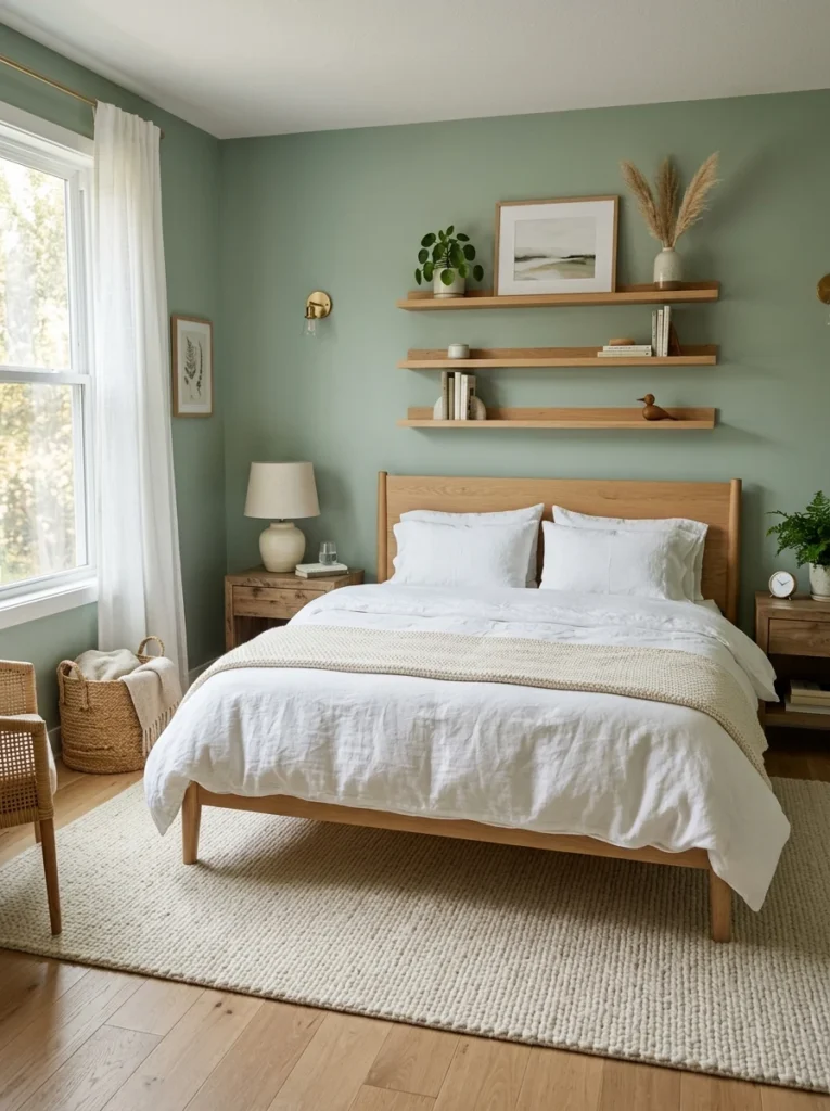 Soft sage green bedroom with natural oak furniture and white bedding.