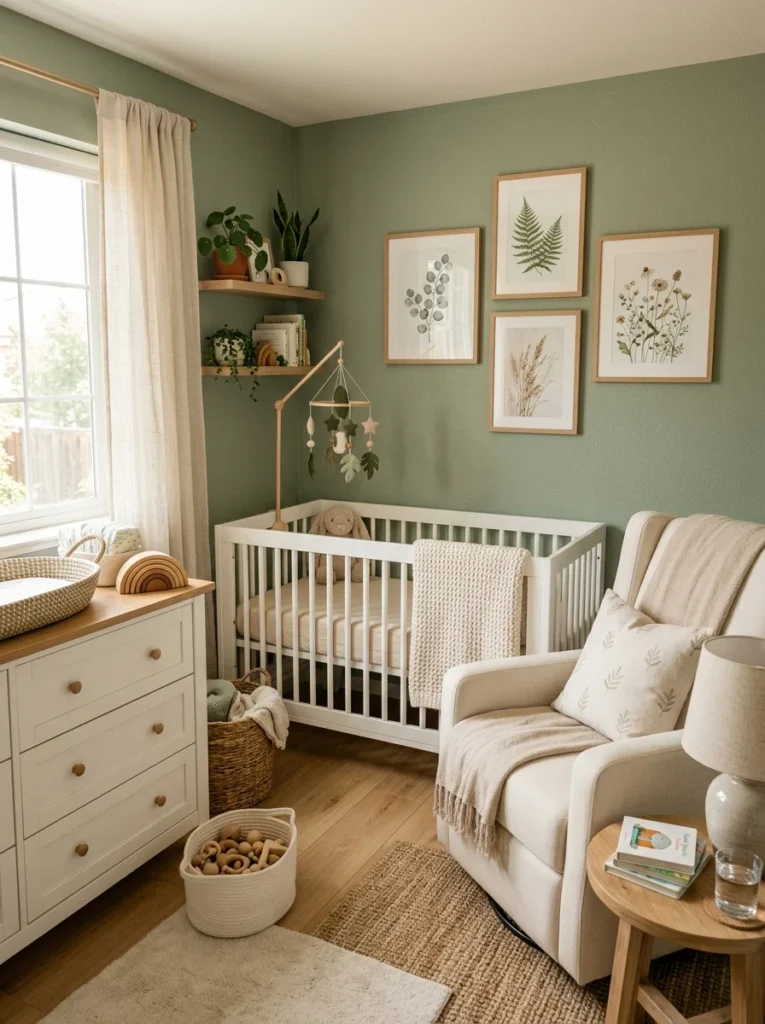 Sage green gender-neutral nursery with white crib and botanical decor.