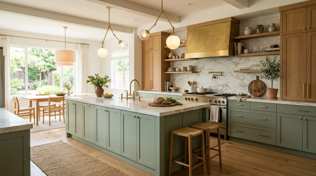 Designer kitchen with sage green cabinets, warm wood accents, marble countertops, and brass hardware.