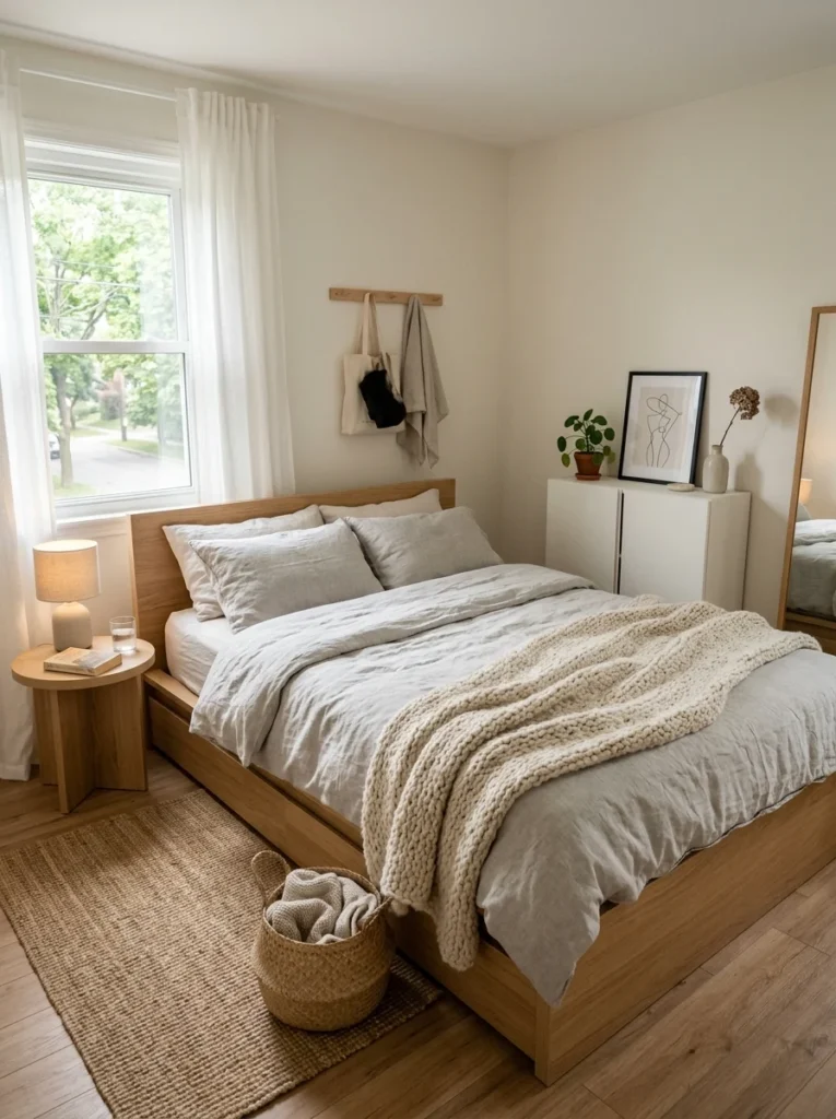 Warm white Scandinavian bedroom with natural oak furniture.