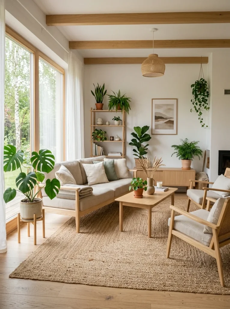 Natural fiber jute rug in a Scandinavian living room