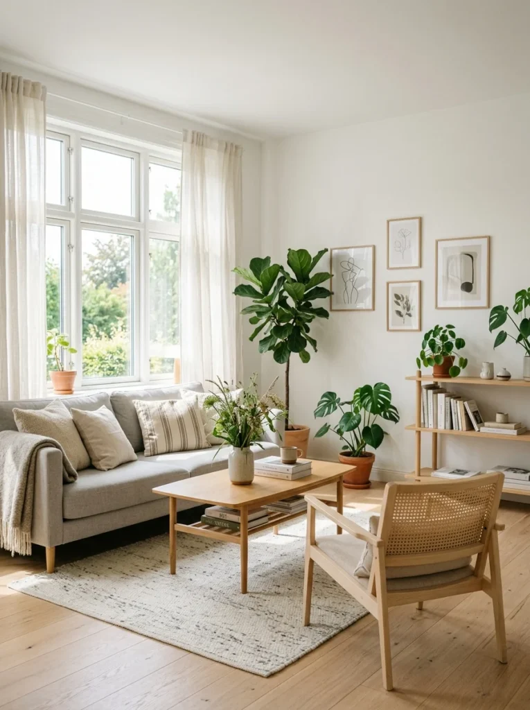 Light airy living room with white palette and Scandinavian-inspired decor.