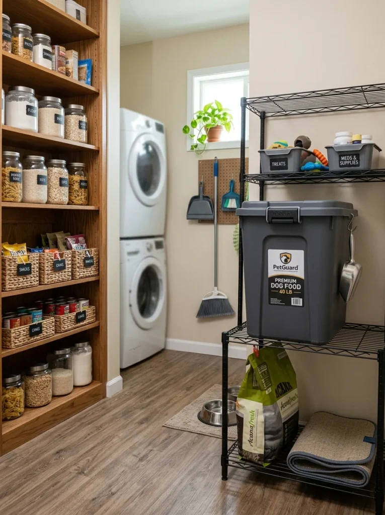 Pet food stored in sealed containers outside the pantry storage area.