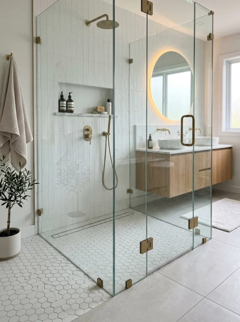Mosaic tile shower floor with hexagon pattern in modern bathroom.