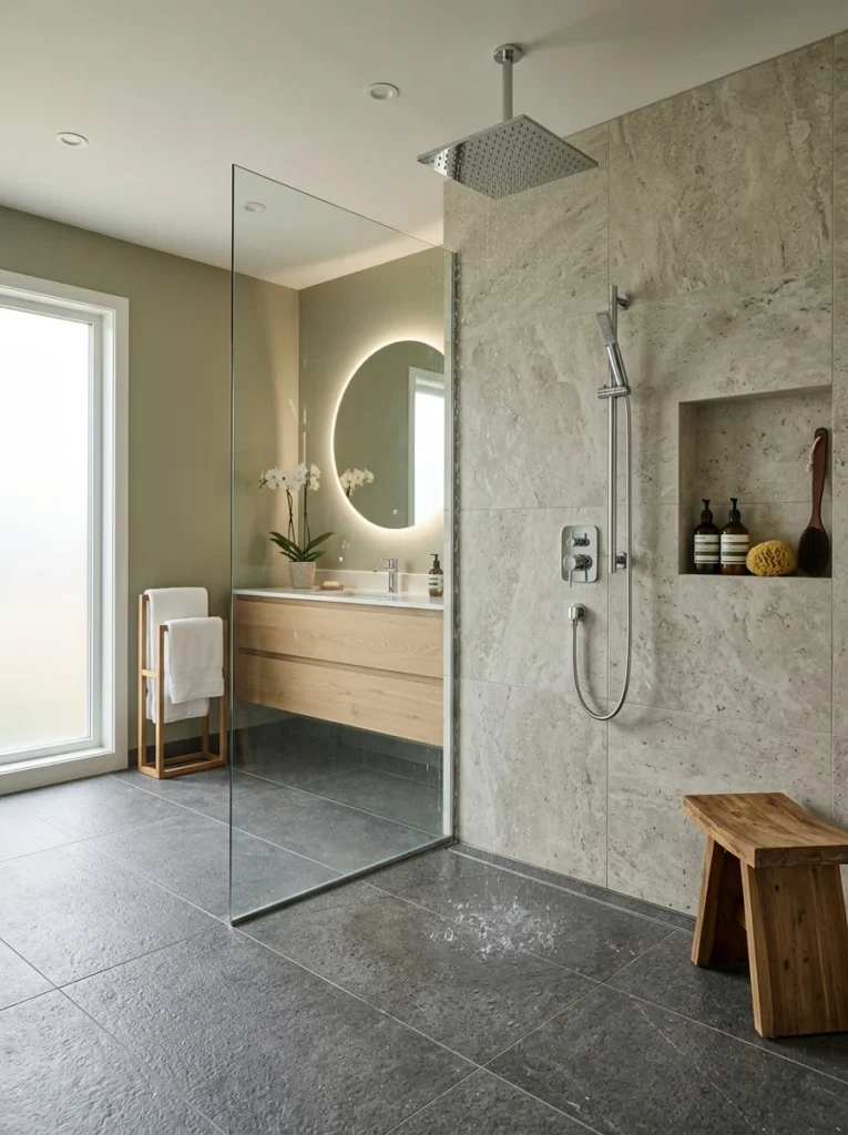 Textured anti-slip shower floor tiles in luxury walk-in shower.