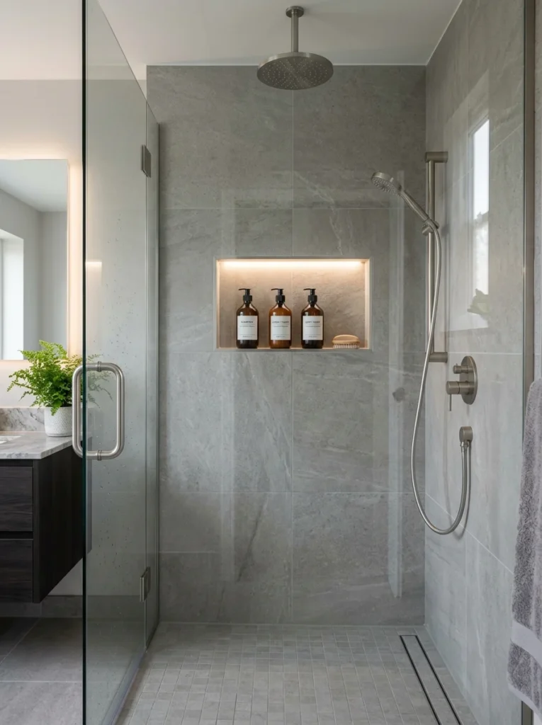 Recessed shower niche providing storage without taking up shower space.