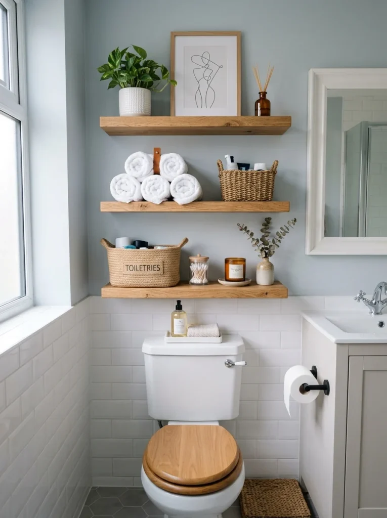 Over-toilet storage shelves maximizing unused bathroom wall space.