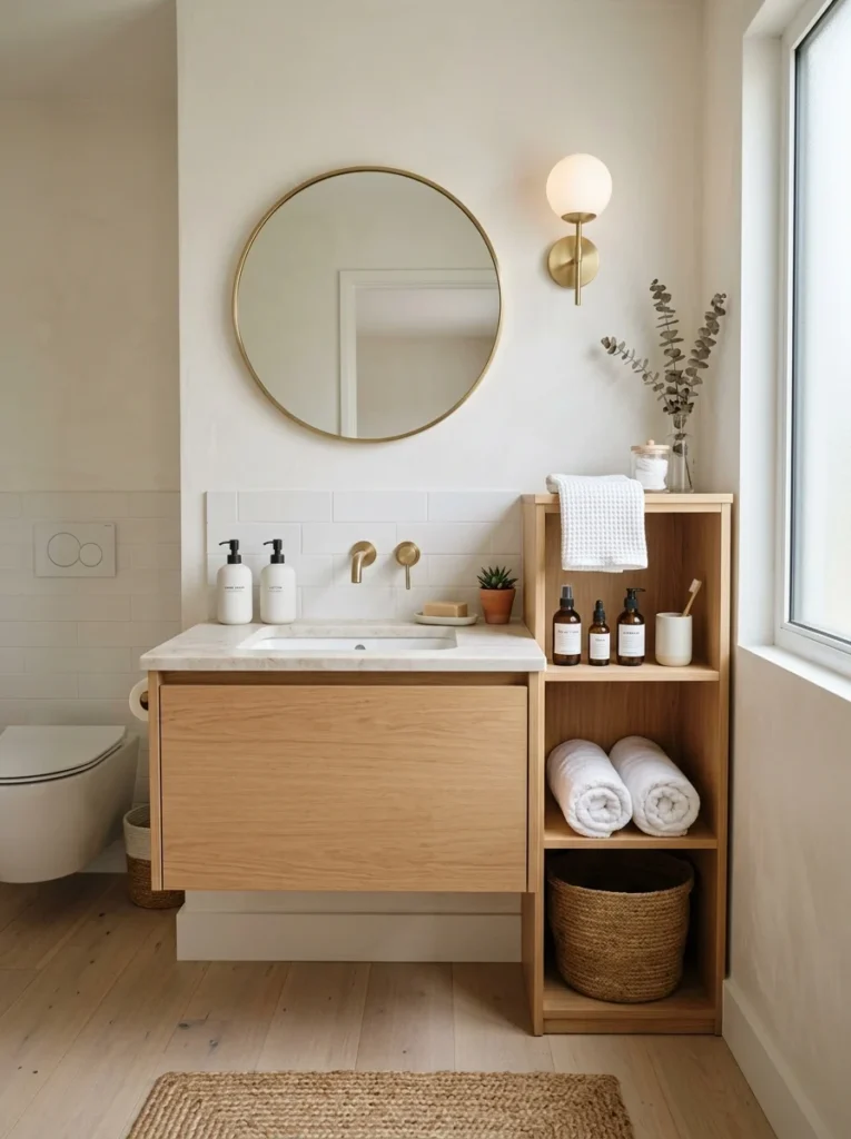Clutter-free bathroom surfaces creating calm spacious atmosphere.
