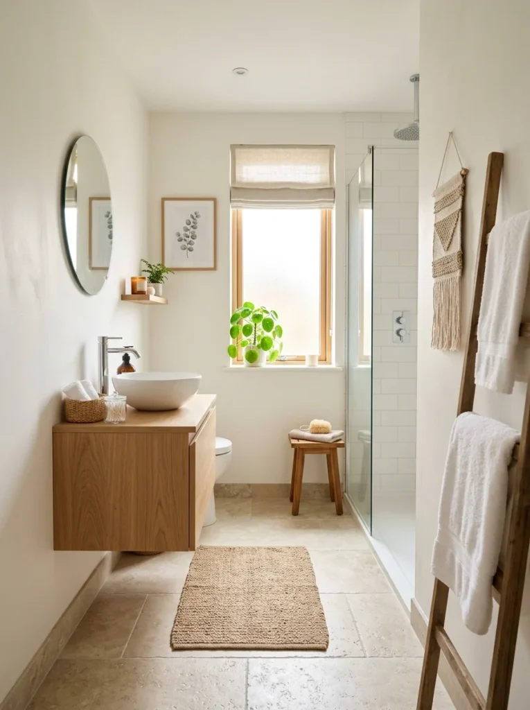 Small bathroom with light neutral colors creating bright open atmosphere.