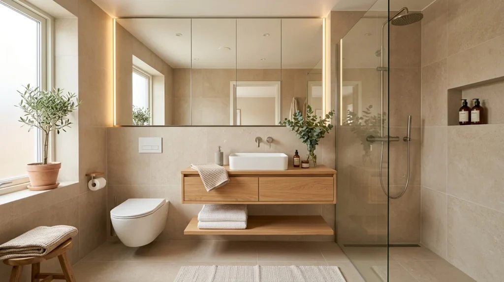 Small modern bathroom with floating vanity, frameless glass shower, and large mirror wall.