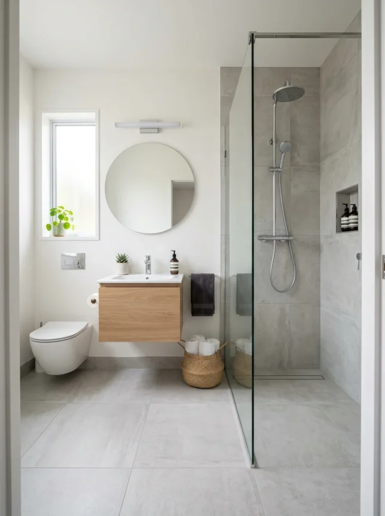 Frameless glass shower screen opening up visual space in small bathroom.