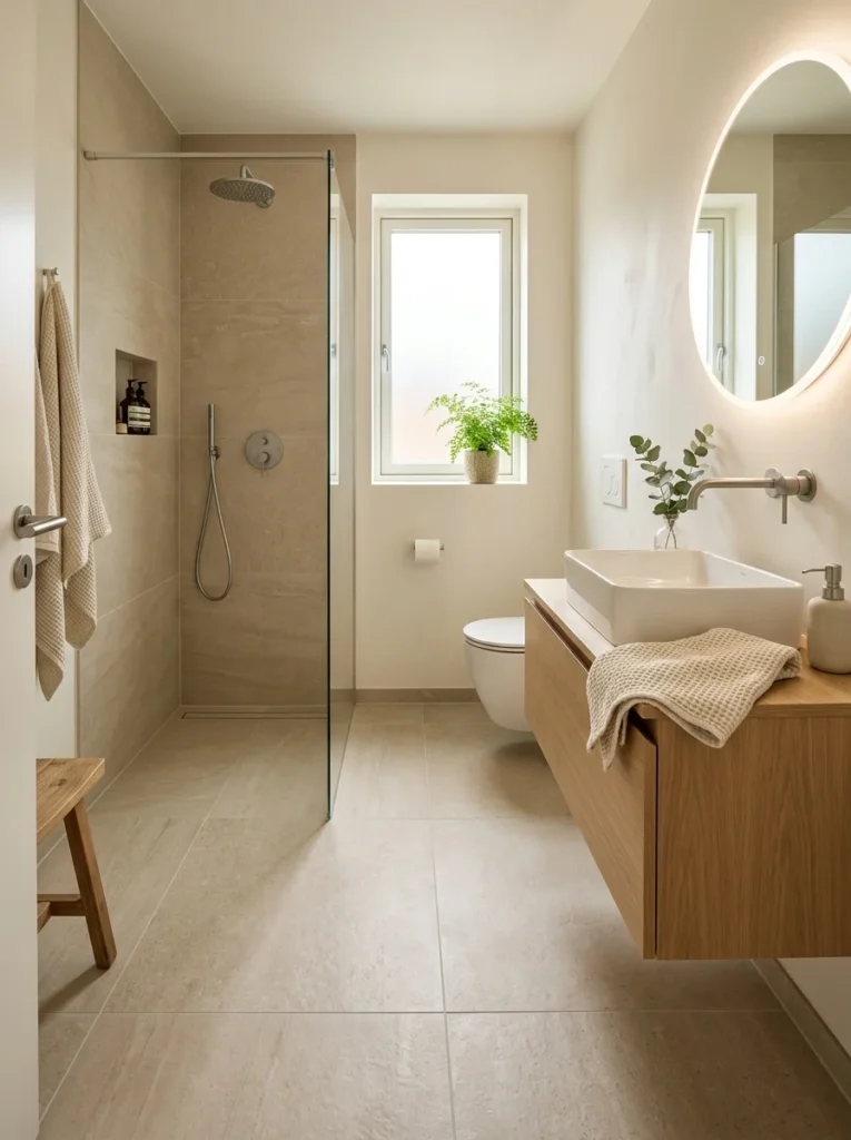 Simple bathroom floor tile pattern with light grout creating spacious effect.
