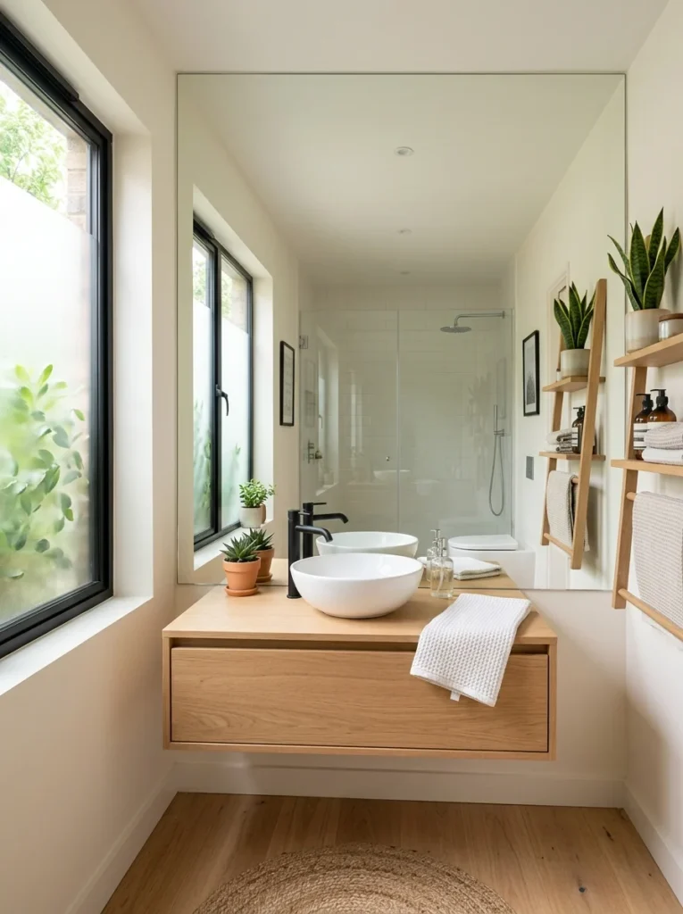 Large mirror wall reflecting light and making small bathroom feel bigger.