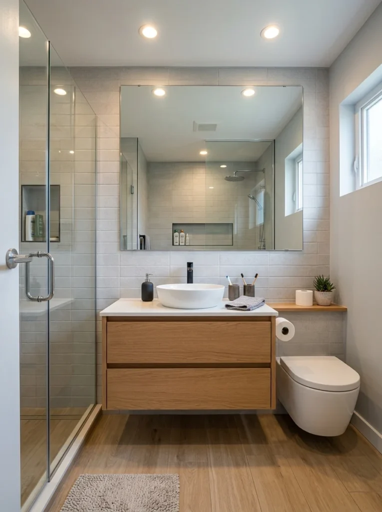Recessed ceiling lights creating clean spacious look in bathroom.