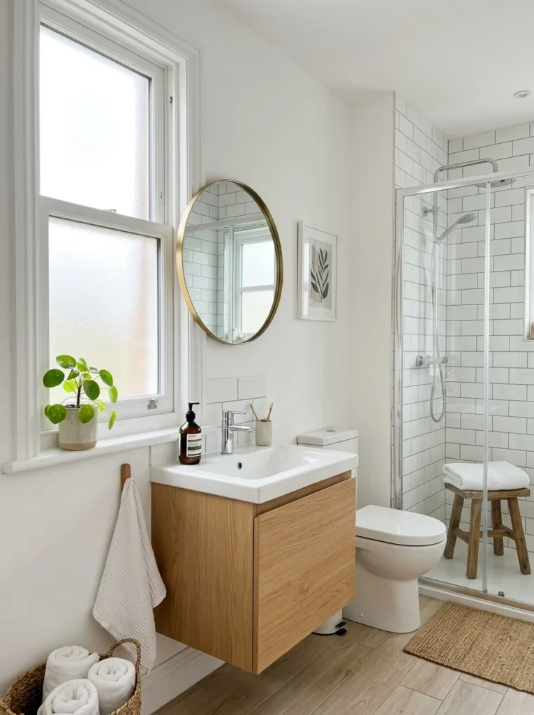 Natural light filling small bathroom with bright airy atmosphere.
