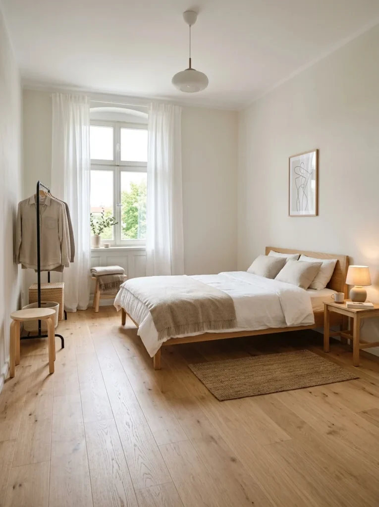 Minimal furniture arrangement creating spacious feeling in small bedroom.
