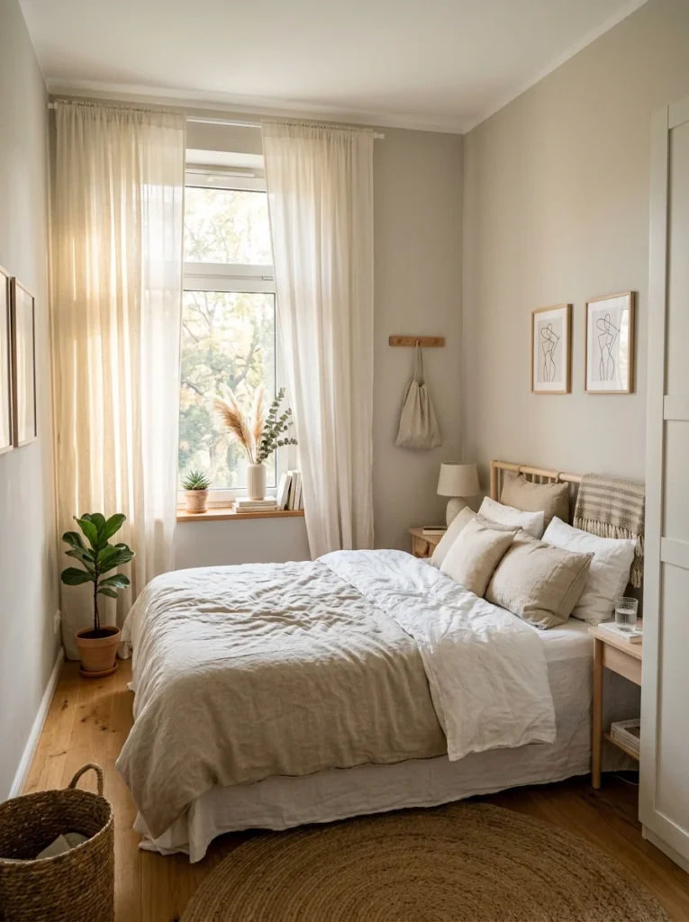 Sheer light curtains making small bedroom feel brighter and larger.