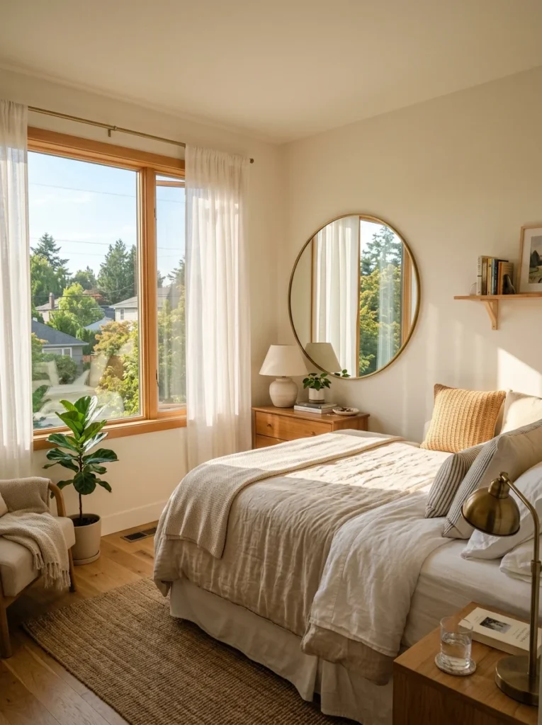 Natural light maximizing brightness and openness in small bedroom.