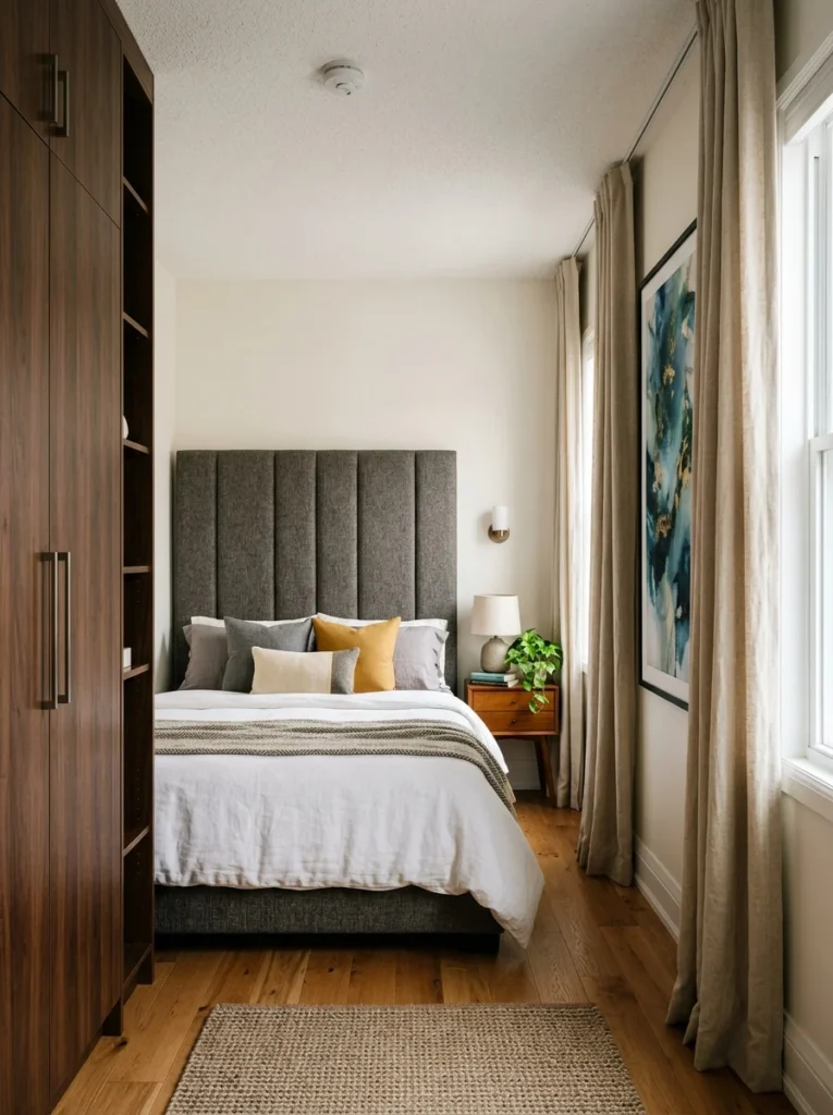 Tall furniture and floor-to-ceiling curtains making bedroom feel taller.