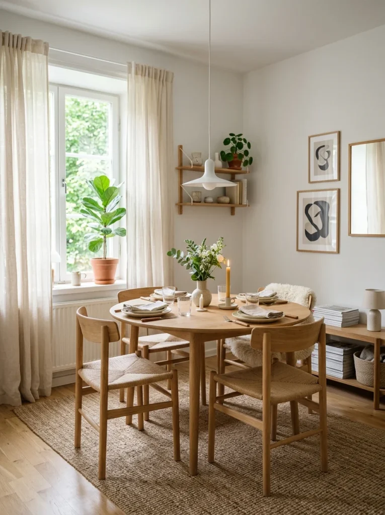 Light neutral dining room colors creating spacious airy atmosphere.