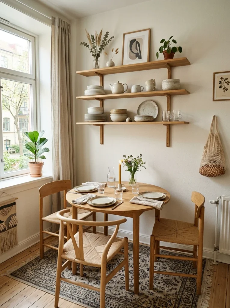 Floating shelves for stylish storage in compact dining room.