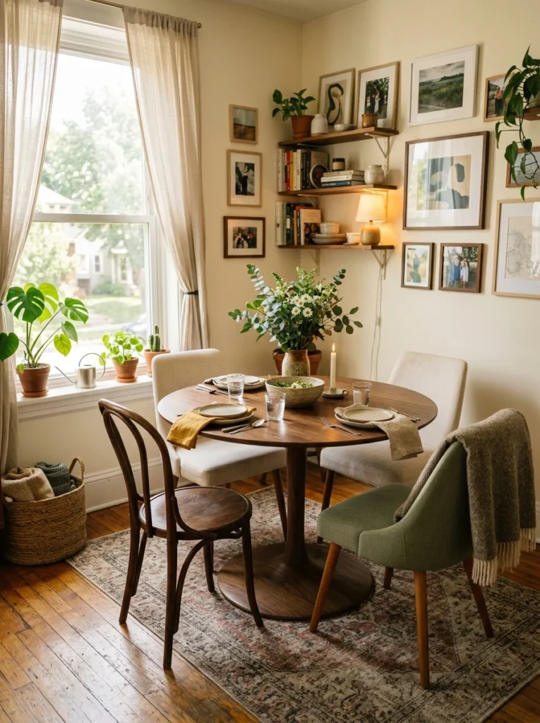 Round dining table in compact dining room for better conversation flow.