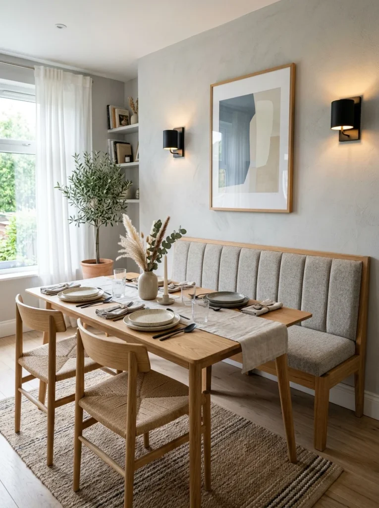 Dining bench seating idea for maximizing space in compact dining room.