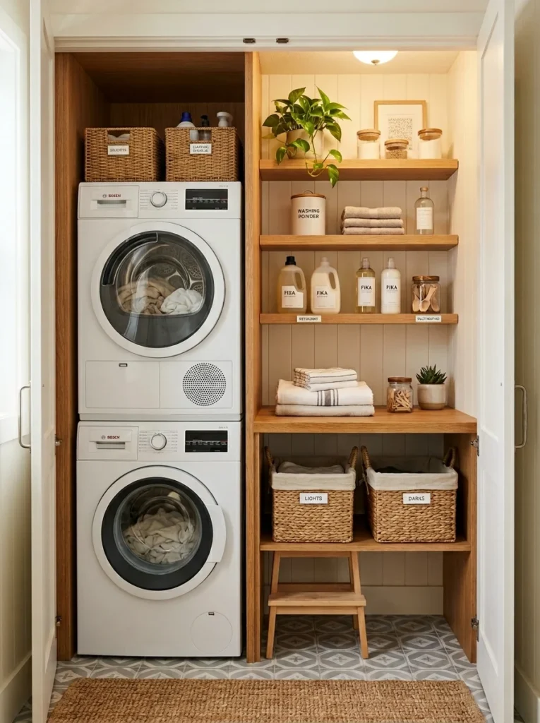 Small laundry closet with stacked washer dryer and narrow folding countertop beside the machines.