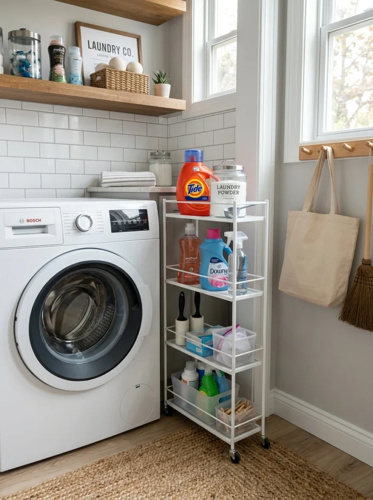 Slim rolling cart for narrow laundry room storage beside washer dryer.