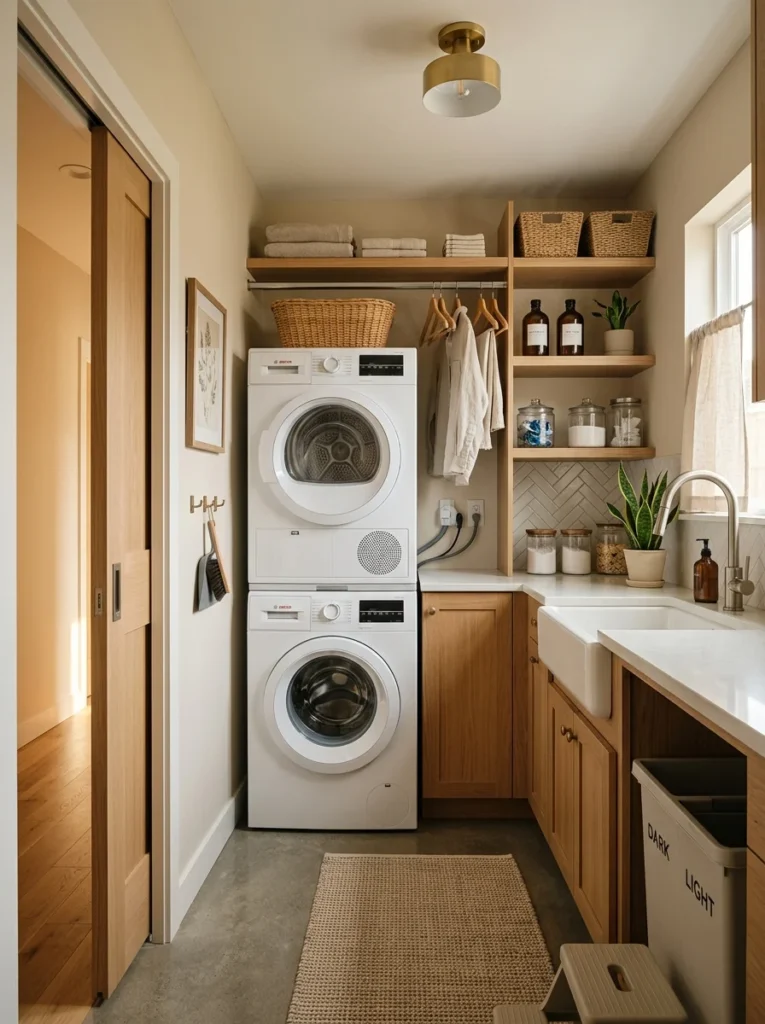 Small laundry room with space-saving pocket door and stacked laundry setup.