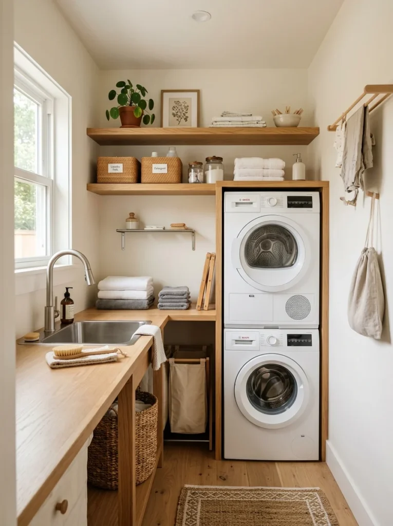 Bright small laundry room with warm white walls and Scandinavian-inspired decor.