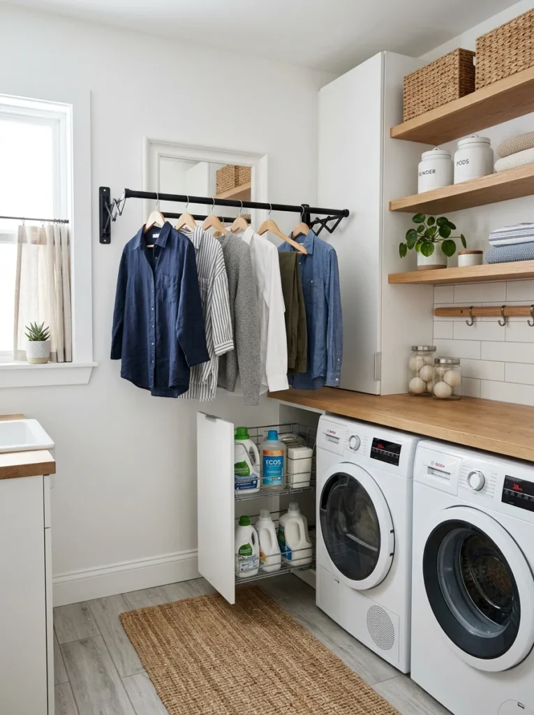 Retractable hanging rod for wrinkle-free clothes organization in small laundry room.