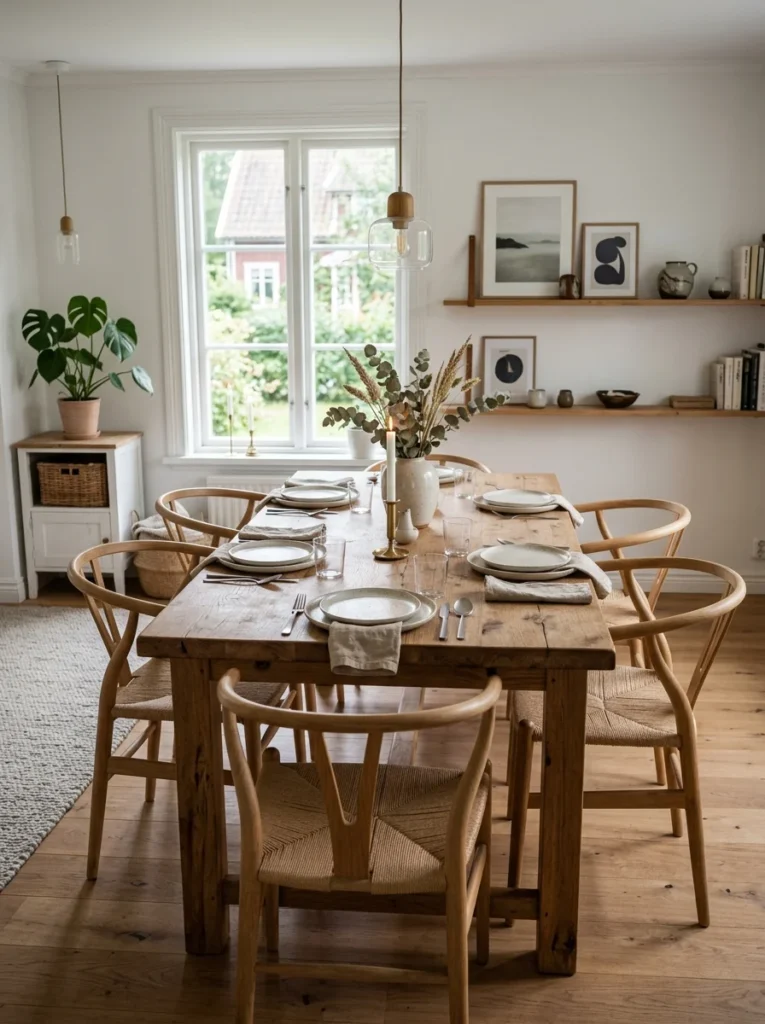 Solid wood dining table with natural oak grain and modern decor.
