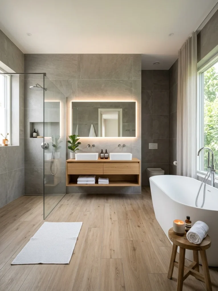 Grey bathroom tiles paired with wood-look flooring in Scandinavian spa bathroom.