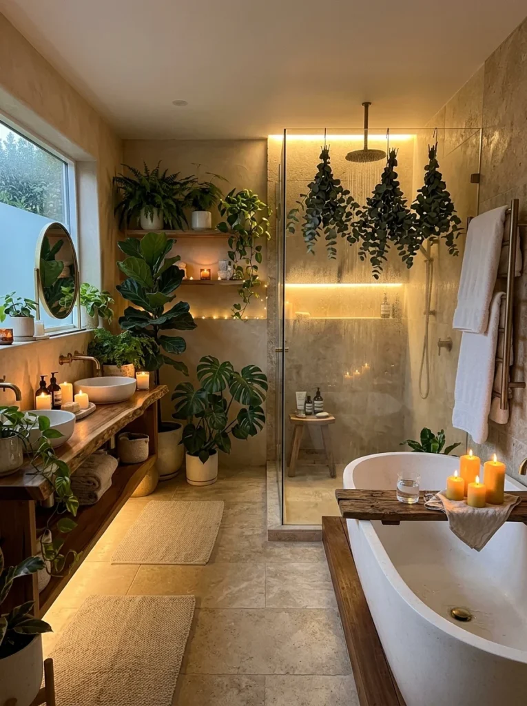 Spa-inspired master bathroom with heated towel rack, plants, and relaxing decor details.