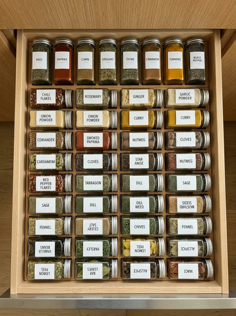 Decanted spice drawer with matching labeled jars organized neatly.