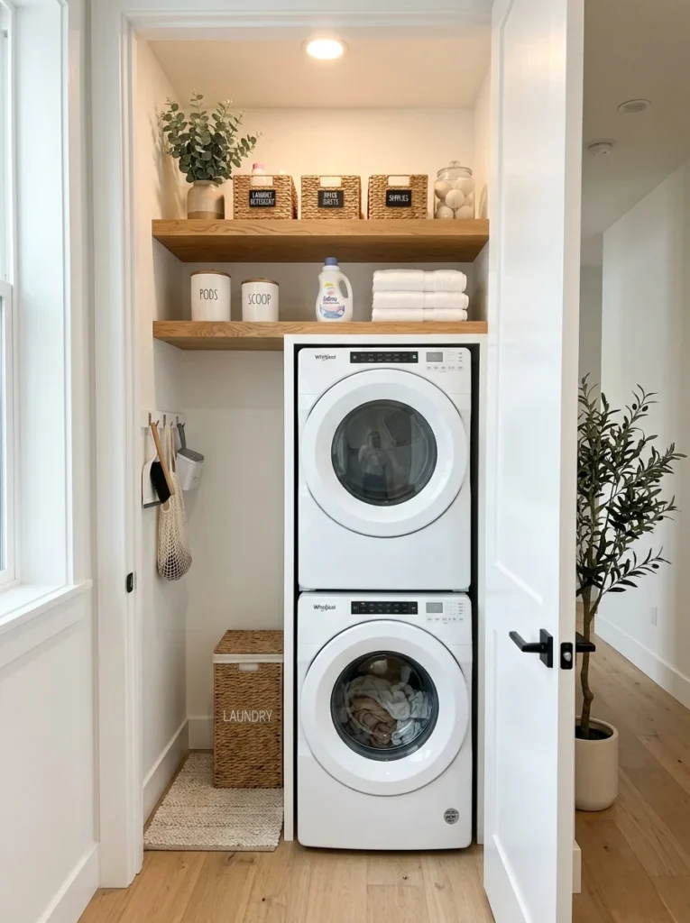 Small laundry closet with stacked washer and dryer and organized storage shelves.
