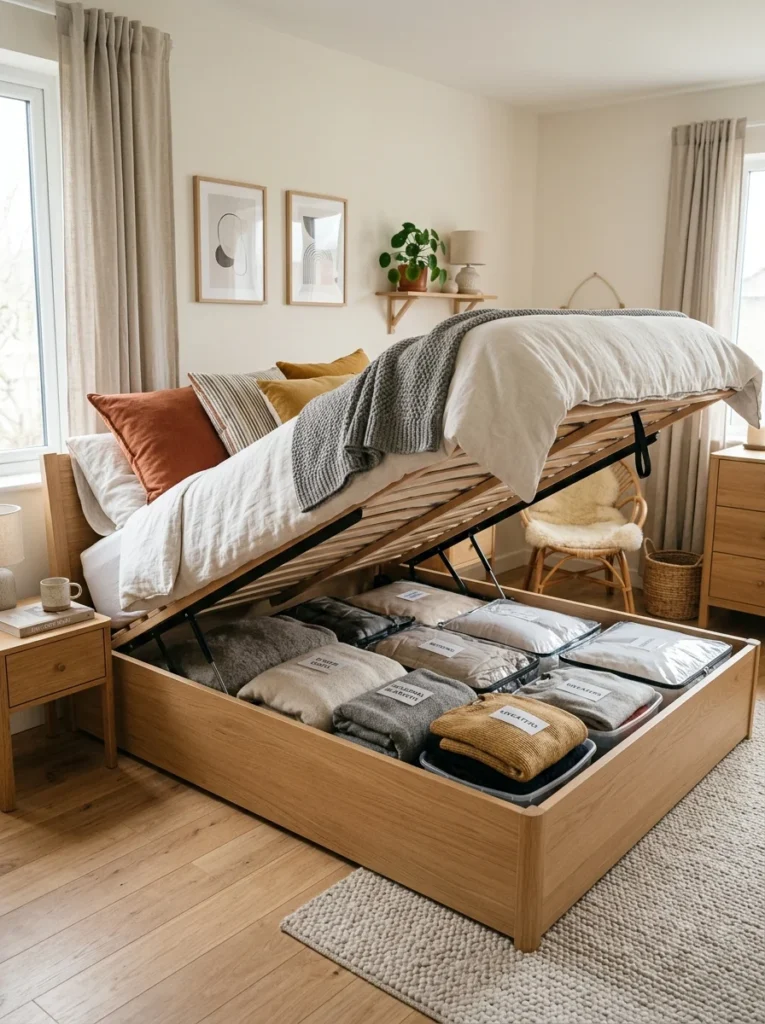 Storage bed with hidden under-bed compartment in small bedroom.