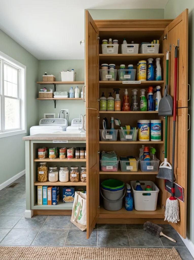 Cleaning products stored separately from pantry food storage for safety.