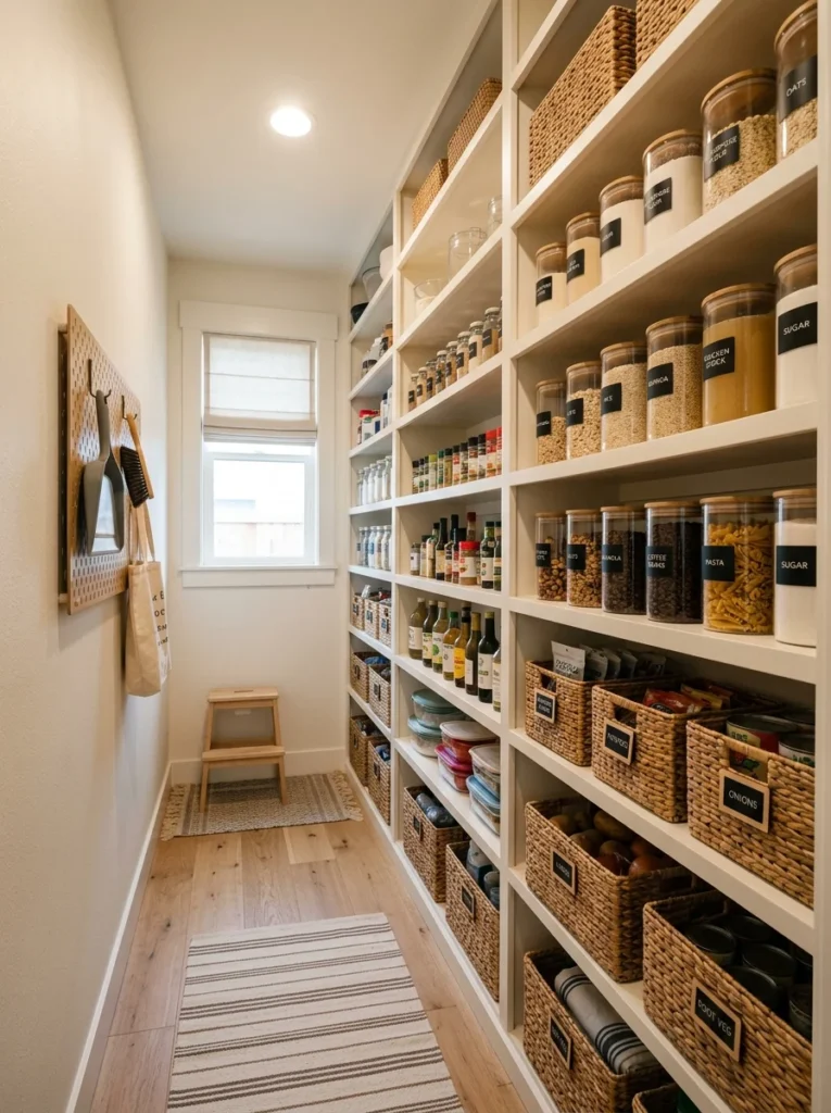 Single-wall pantry layout in narrow organized storage room.